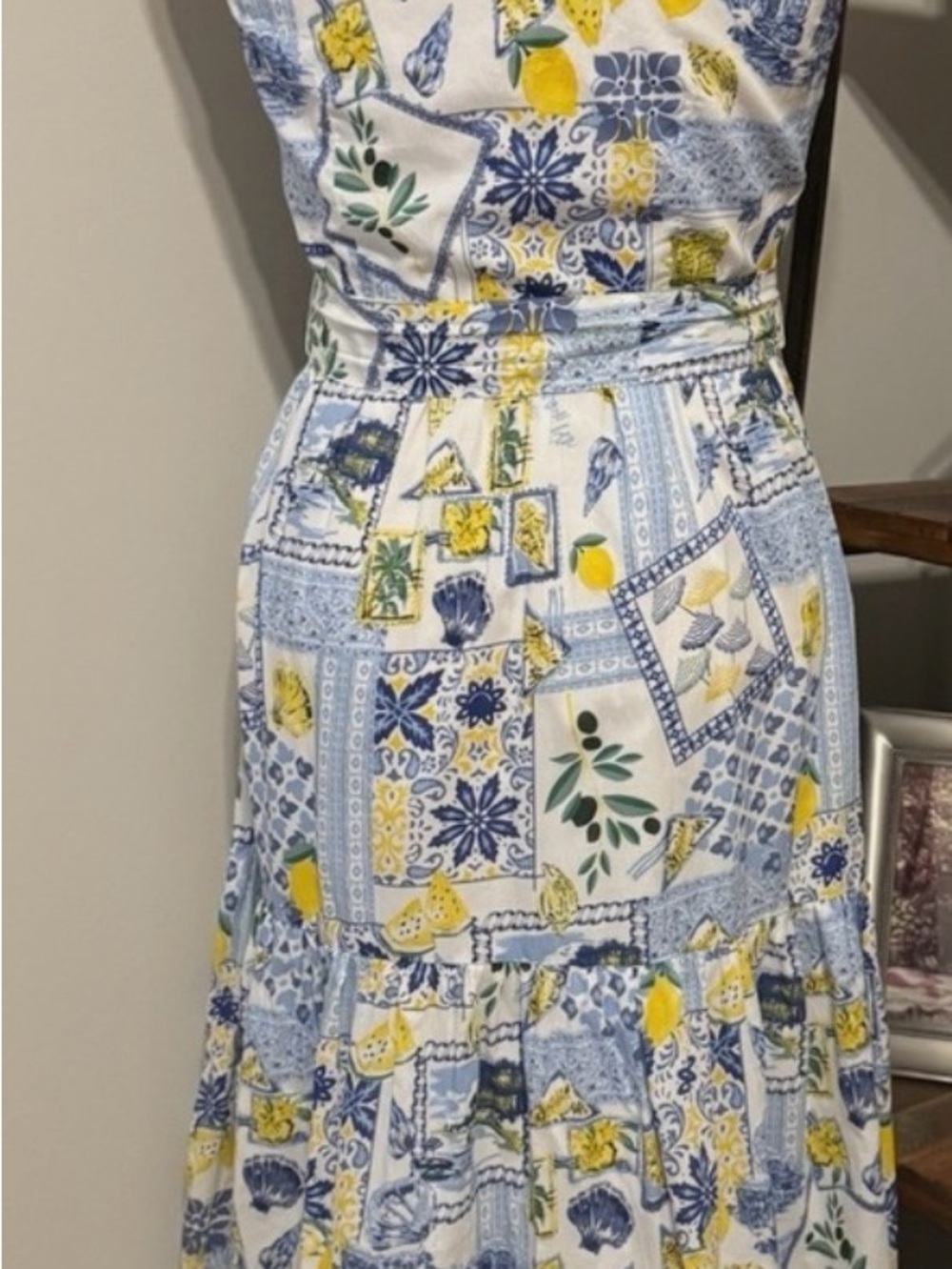 J. Crew Blue & Yellow Printed Collared Maxi Dress with tile and lemon detail. - Picture 5 of 6